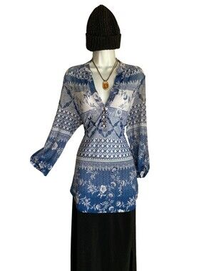 Y2k PerSeption Women's Large Boho Blue White Paisley Tunic Blouse Button Up
